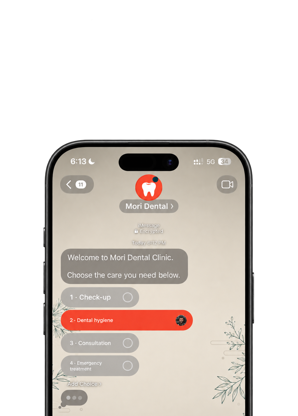 An iPhone Messages conversation where the Mori Dental agent offers care options and begins typing a reply.