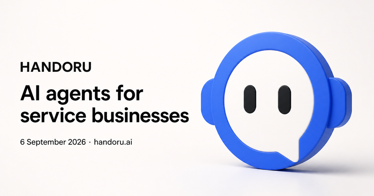 HANDORU launch: AI agents for service businesses, with the white-and-blue avatar
